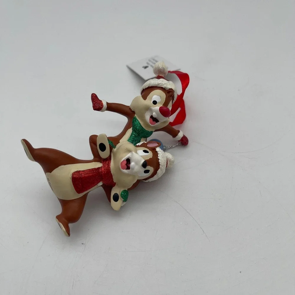 Disney Parks Chip n Dale Christmas Ornament Glitter Santa Hats Red Ribbon NWT